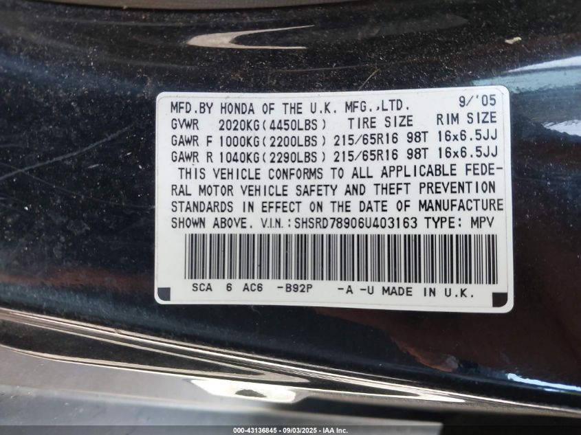2006 Honda Cr-V Se VIN: SHSRD78906U403163 Lot: 43136845