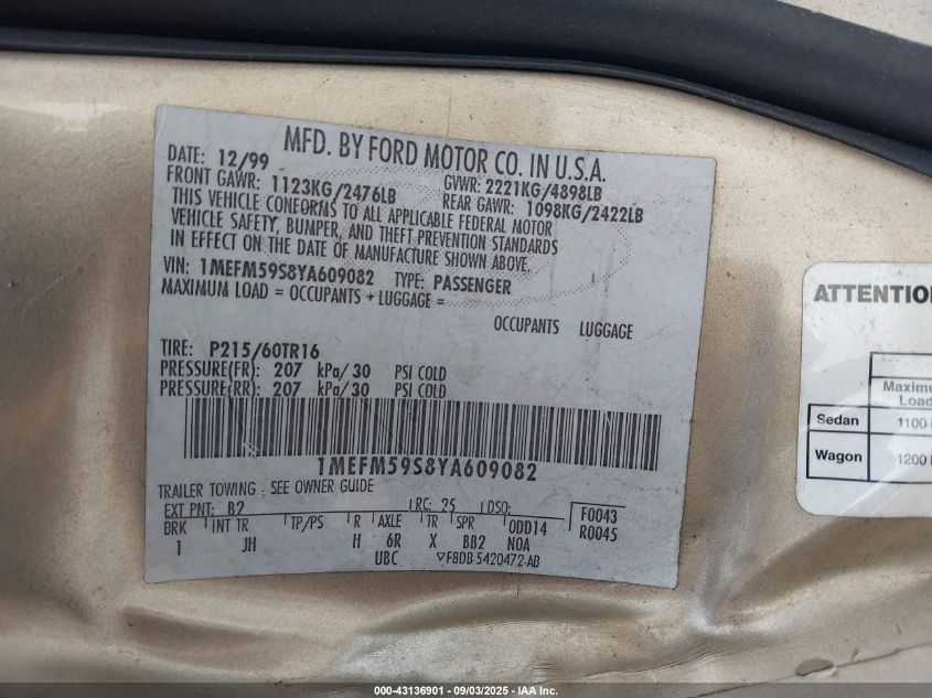 2000 Mercury Sable Ls Premium VIN: 1MEFM59S8YA609082 Lot: 43136901