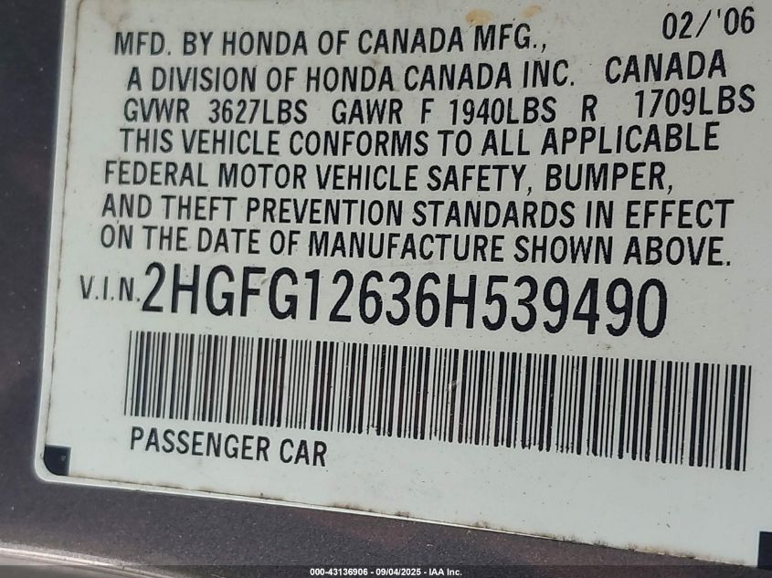 2006 Honda Civic Lx VIN: 2HGFG12636H539490 Lot: 43136906