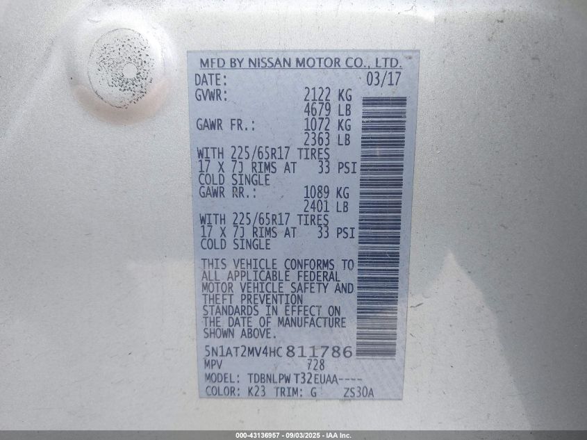 2017 Nissan Rogue S VIN: 5N1AT2MV4HC811786 Lot: 43136957