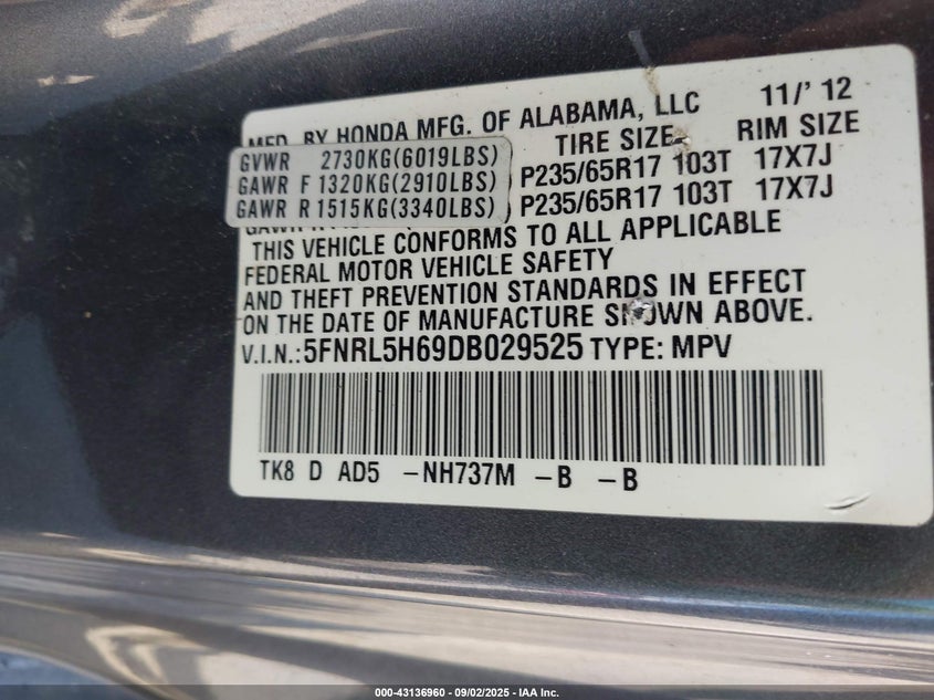 2013 Honda Odyssey Ex-L VIN: 5FNRL5H69DB029525 Lot: 43136960