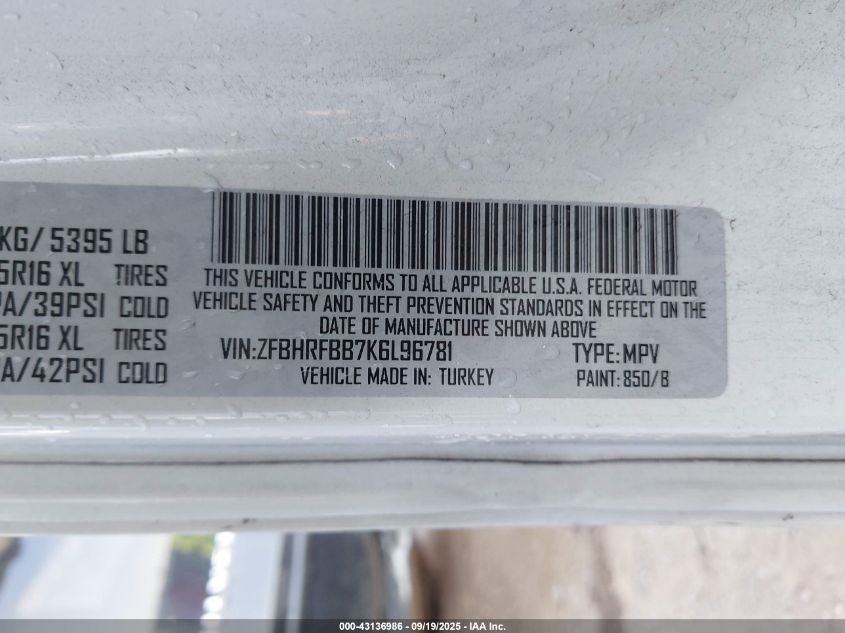 2019 Ram Promaster City Tradesman Slt VIN: ZFBHRFBB7K6L96781 Lot: 43136986