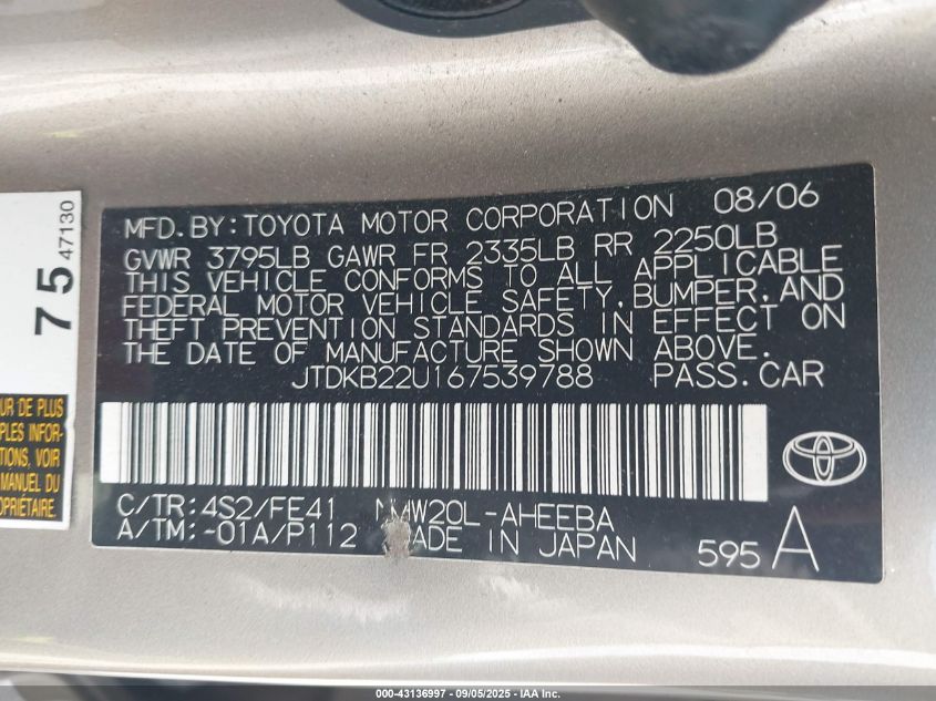 2006 Toyota Prius VIN: JTDKB22U167539788 Lot: 43136997