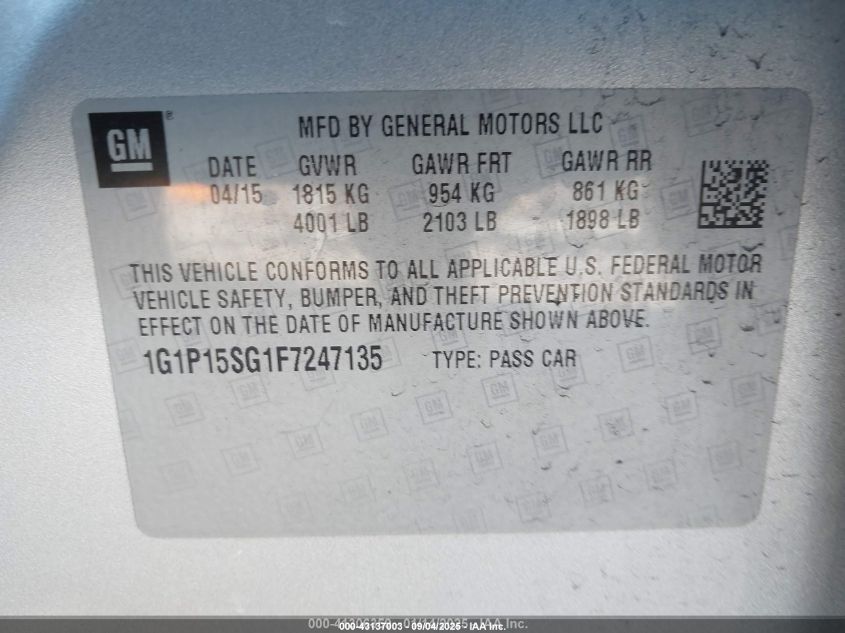 2015 Chevrolet Cruze L Manual VIN: 1G1P15SG1F7247135 Lot: 43137003