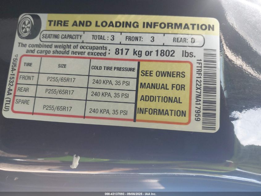 2007 Ford F-150 Stx/Xl/Xlt VIN: 1FTRF122X7NA17959 Lot: 43137093