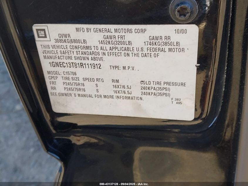 2001 Chevrolet Tahoe Lt VIN: 1GNEC13T81R111912 Lot: 43137128