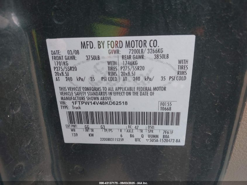 2008 Ford F-150 60Th Anniversary/Fx4/King Ranch/Lariat/Xlt VIN: 1FTPW14V48KD62518 Lot: 43137175