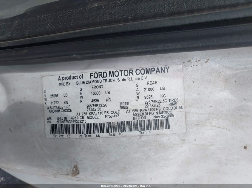 2006 Ford F-750 Xl/Xlt VIN: 3FRNF75G16V332213 Lot: 43137206