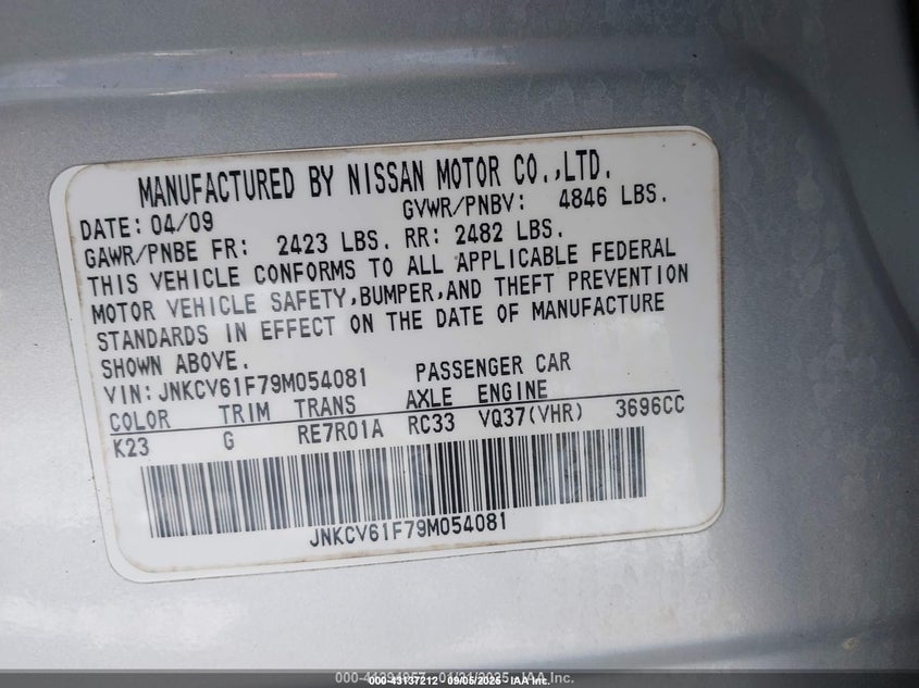 2009 Infiniti G37X VIN: JNKCV61F79M054081 Lot: 43137212