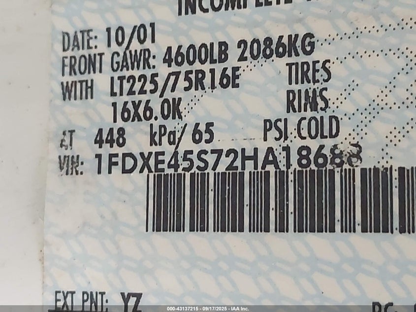 2002 Ford E-450 Cutaway VIN: 1FDXE45S72HA18688 Lot: 43137215