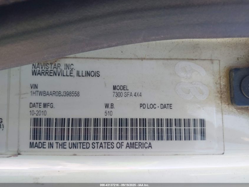 2011 International 7000 7300 VIN: 1HTWBAAR0BJ398558 Lot: 43137216