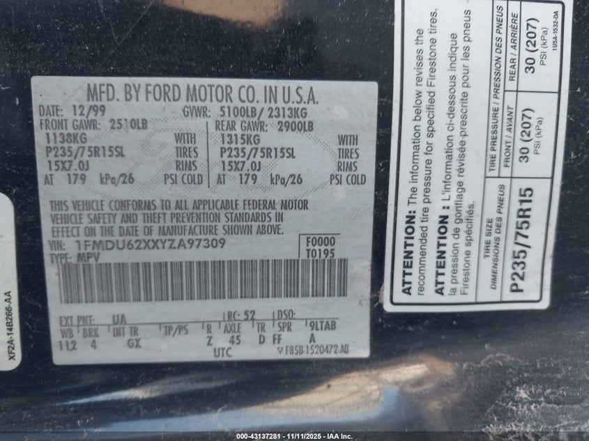 2000 Ford Explorer Xls VIN: 1FMDU62XXYZA97309 Lot: 43137281