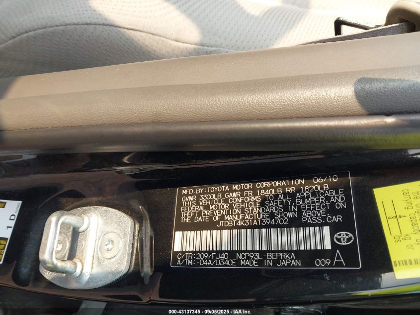 2010 Toyota Yaris VIN: JTDBT4K31A1394702 Lot: 43137345