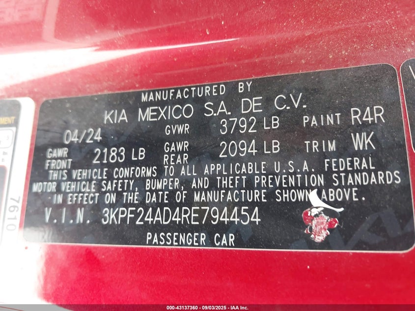 2024 Kia Forte Lxs VIN: 3KPF24AD4RE794454 Lot: 43137360