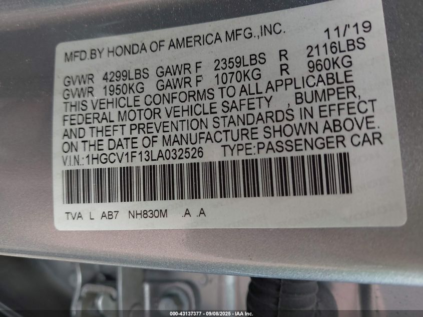 2020 Honda Accord Lx VIN: 1HGCV1F13LA032526 Lot: 43137377