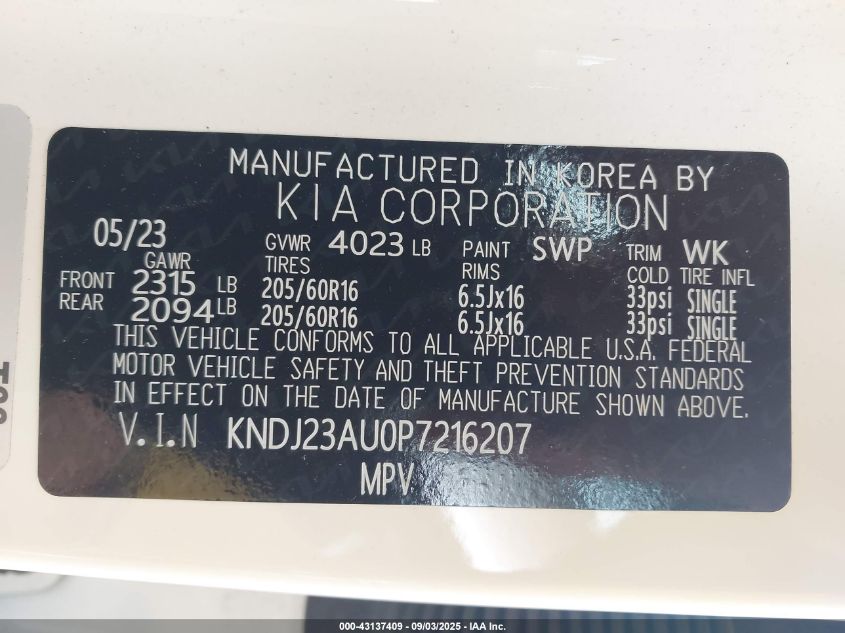 2023 Kia Soul Lx VIN: KNDJ23AU0P7216207 Lot: 43137409