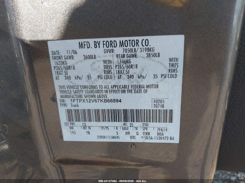 2007 Ford F-150 Lariat/Stx/Xl/Xlt VIN: 1FTPX12V67KB66594 Lot: 43137462