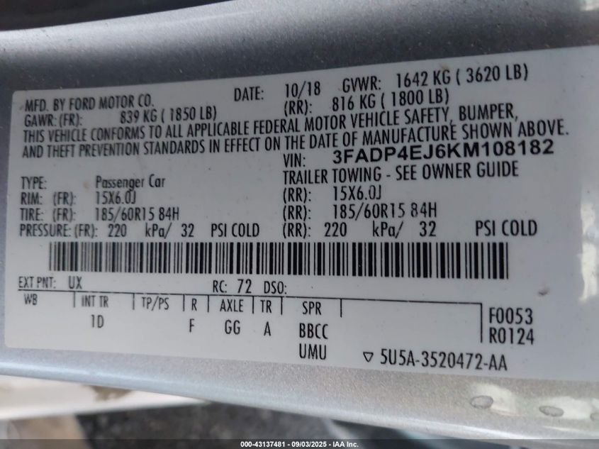 2019 Ford Fiesta Se VIN: 3FADP4EJ6KM108182 Lot: 43137481