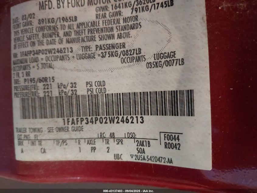 2002 Ford Focus Se VIN: 1FAFP34P02W246213 Lot: 43137483