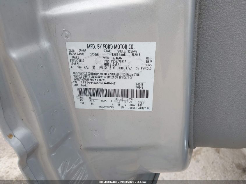 2008 Ford F-150 60Th Anniversary/Fx4/King Ranch/Lariat/Xlt VIN: 1FTPW14V78FA40447 Lot: 43137489