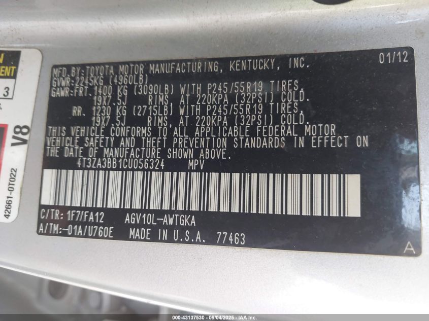 2012 Toyota Venza Le/Xle VIN: 4T3ZA3BB1CU056325 Lot: 43137530