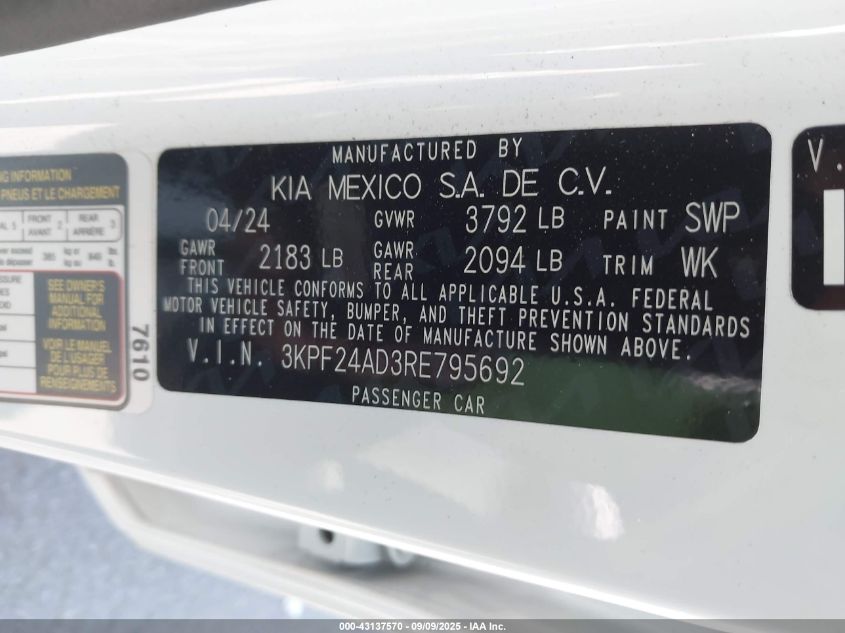2024 Kia Forte Lxs VIN: 3KPF24AD3RE795692 Lot: 43137570