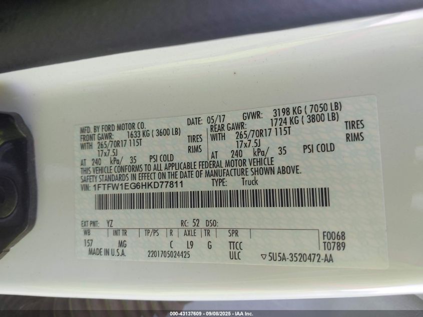 2017 Ford F-150 Xlt VIN: 1FTFW1EG6HKD77811 Lot: 43137609