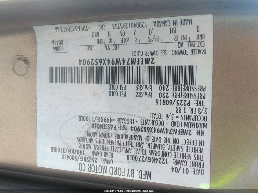 2004 Mercury Grand Marquis Gs VIN: 2MEFM74W94X65204 Lot: 43137616