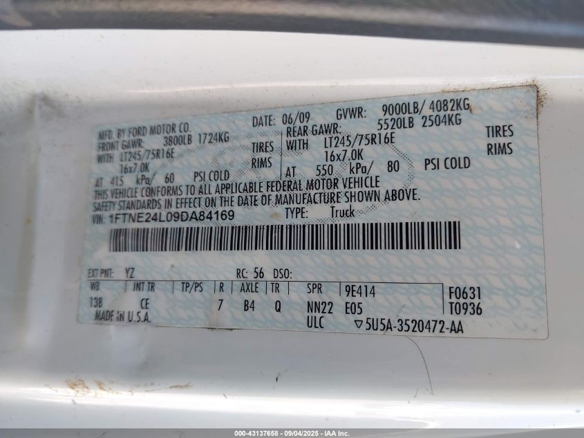 2009 Ford E-250 Commercial/Recreational VIN: 1FTNE24L09DA84169 Lot: 43137658