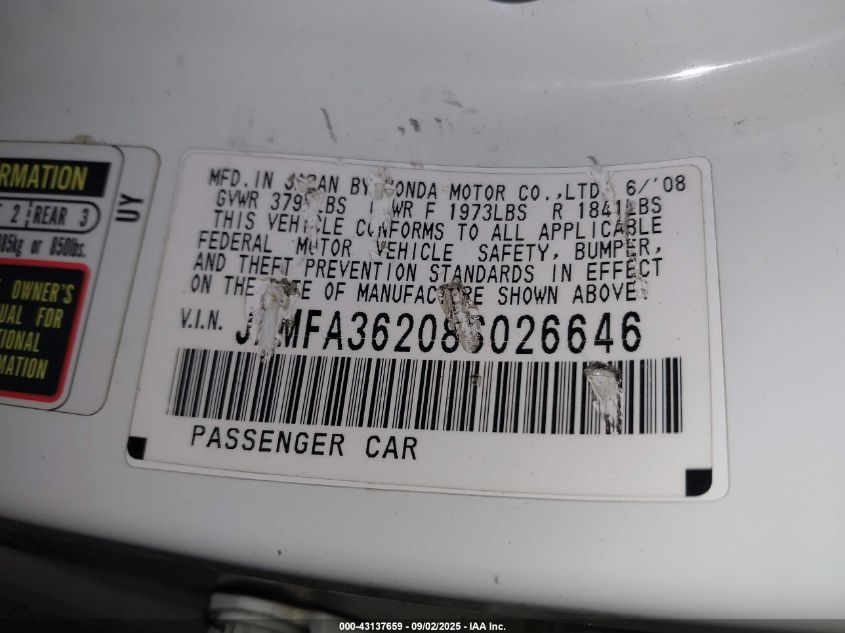 2008 Honda Civic Hybrid VIN: JHMFA36208S026646 Lot: 43137659