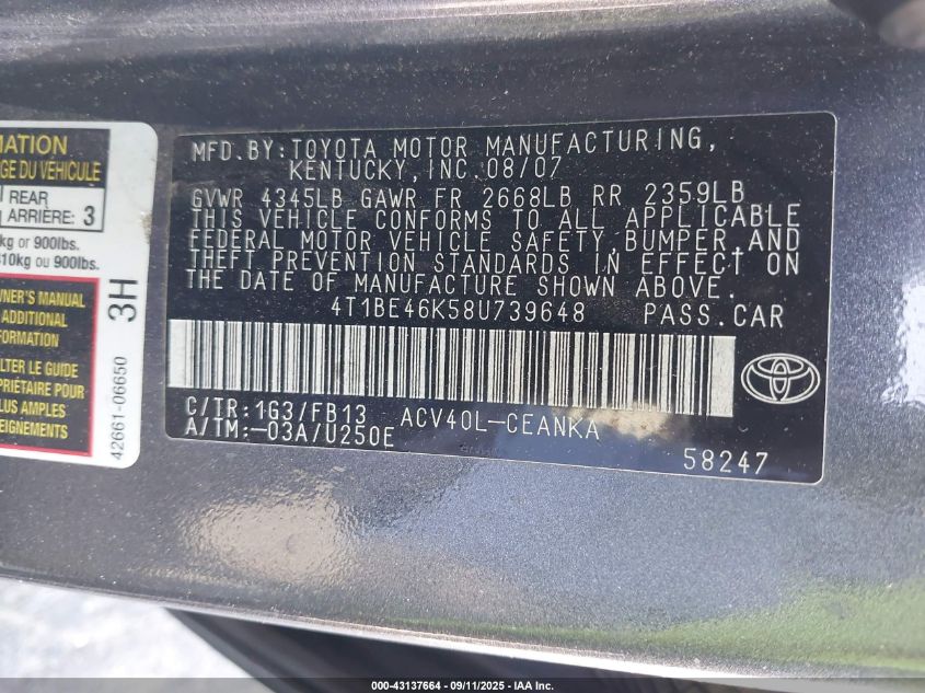 2008 Toyota Camry Le VIN: 4T1BE46K58U739648 Lot: 43137664