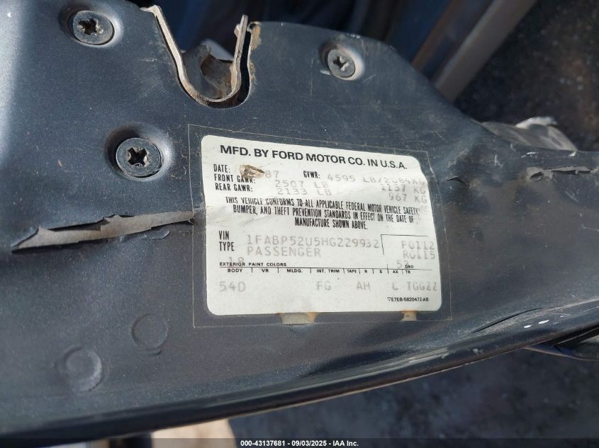 1987 Ford Taurus Gl VIN: 1FABP52U5HG229932 Lot: 43137681