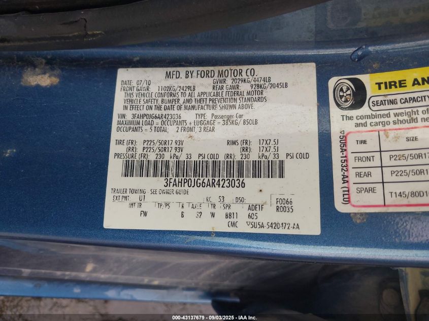 2010 Ford Fusion Sel VIN: 3FAHP0JG6AR423036 Lot: 43137679