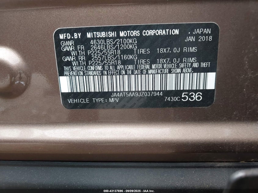 2018 Mitsubishi Eclipse Cross Se VIN: JA4AT5AA9JZ037944 Lot: 43137696