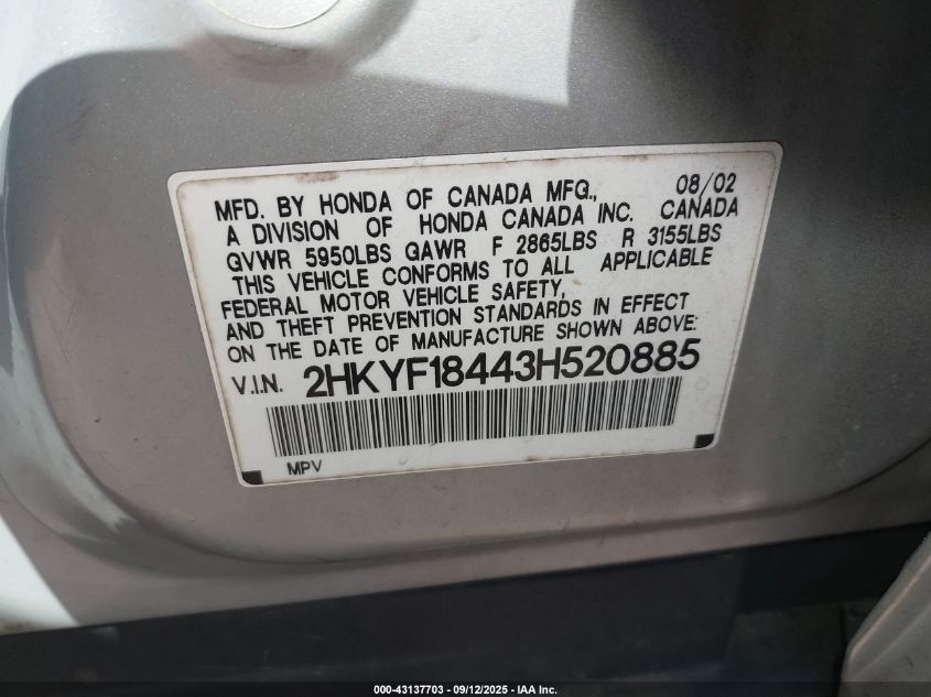 2003 Honda Pilot Ex VIN: 2HKYF18443H520885 Lot: 43137703