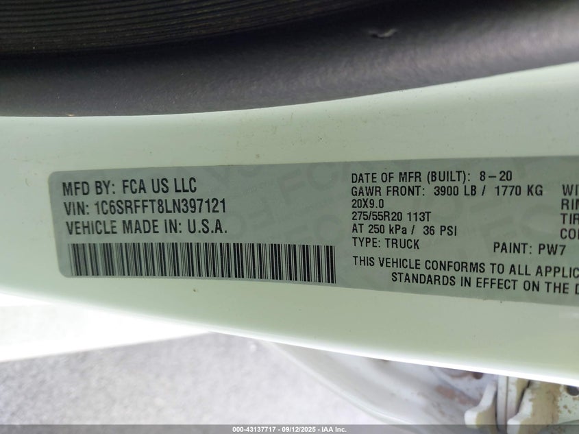 2020 Ram 1500 Big Horn 4X4 5'7 Box VIN: 1C6SRFFT8LN397121 Lot: 43137717