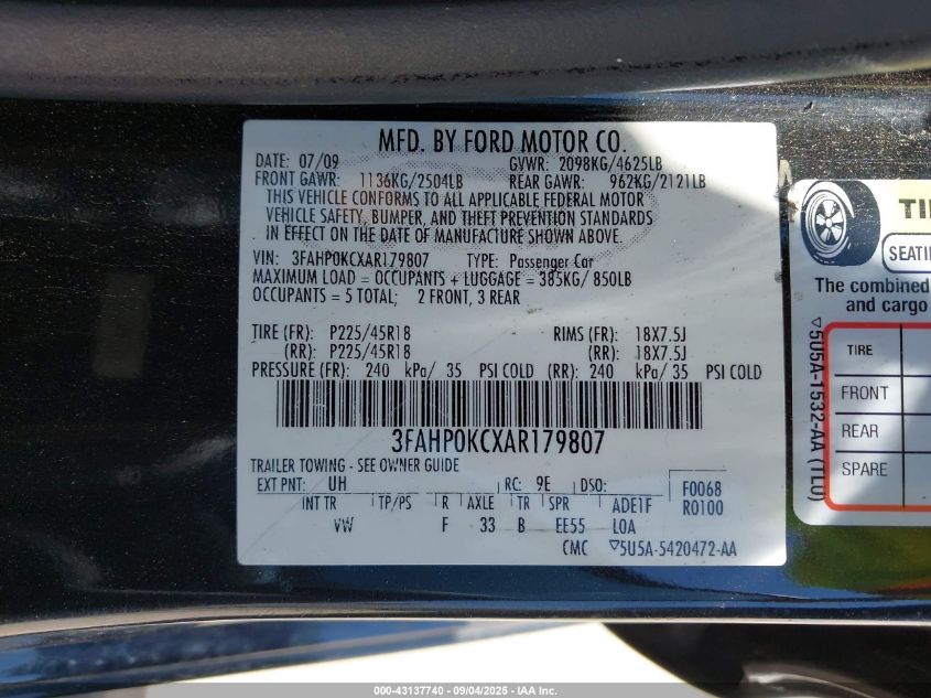 2010 Ford Fusion Sport VIN: 3FAHP0KCXAR179807 Lot: 43137740