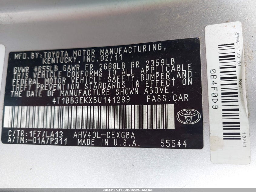 4T1BB3EKXBU141289 2011 TOYOTA CAMRY photo no. 9