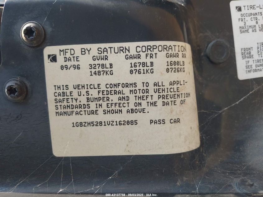 1997 Saturn Sl Sl1 VIN: 1G8ZH5281VZ162085 Lot: 43137756