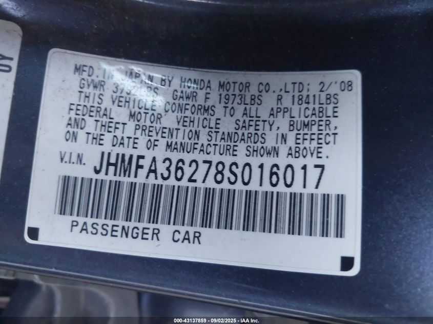 2008 Honda Civic Hybrid VIN: JHMFA36278S016017 Lot: 43137859