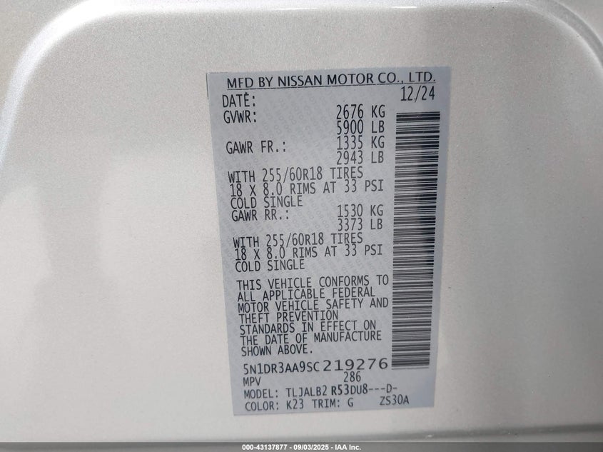 2025 Nissan Pathfinder S Fwd VIN: 5N1DR3AA9SC219276 Lot: 43137877