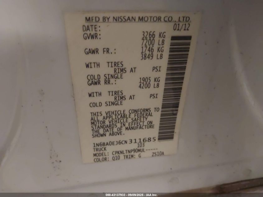 2012 Nissan Titan Sv VIN: 1N6BA0EJ6CN311685 Lot: 43137933