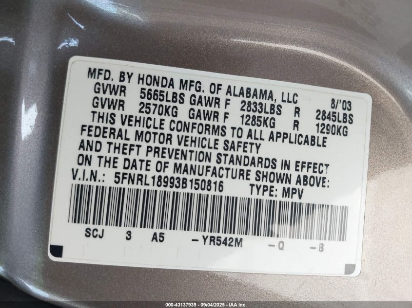 2003 Honda Odyssey Ex-L VIN: 5FNRL18993B150816 Lot: 43137939