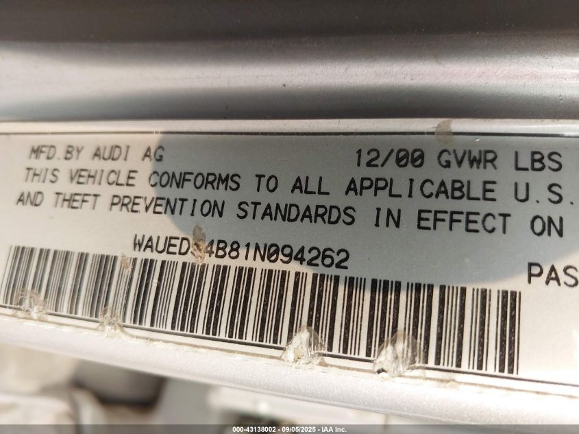 2001 Audi A6 2.7T VIN: WAUED54B81N094262 Lot: 43138002