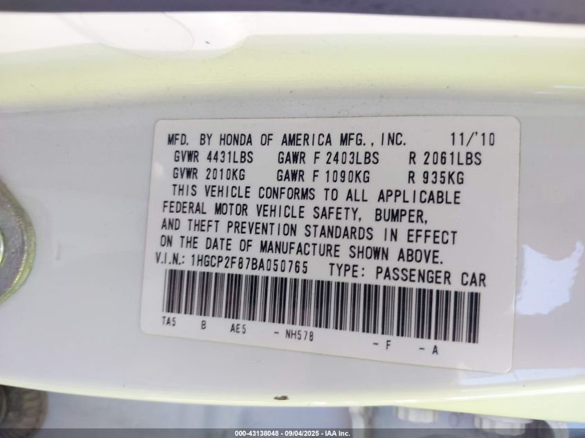 2011 Honda Accord 2.4 Ex-L VIN: 1HGCP2F87BA050765 Lot: 43138048