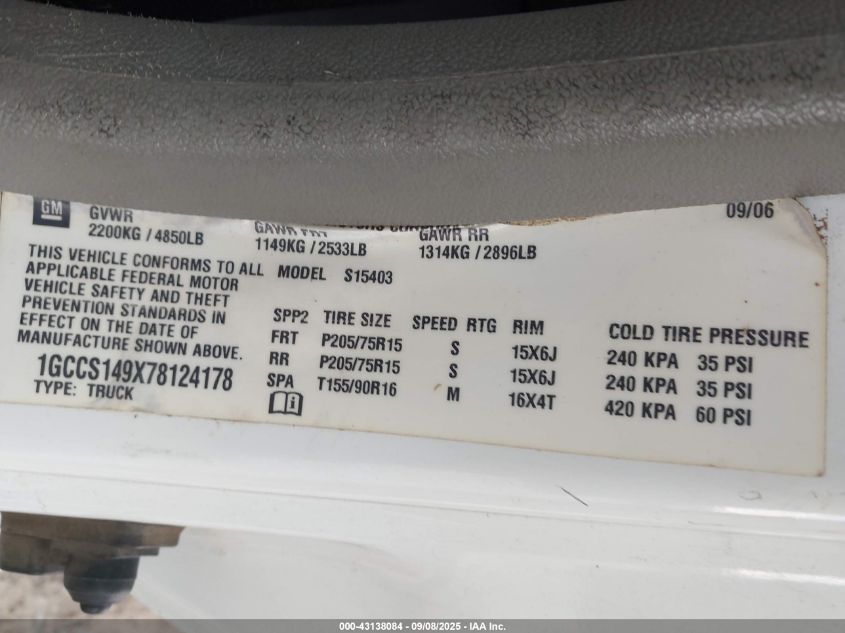 2007 Chevrolet Colorado Work Truck VIN: 1GCCS149X78124178 Lot: 43138084