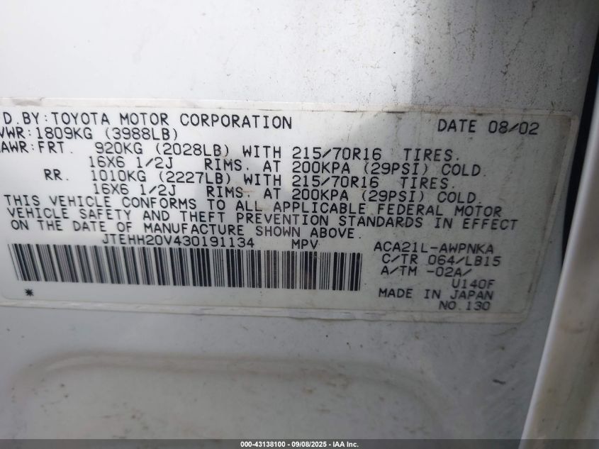 2003 Toyota Rav4 VIN: JTEHH20V430191134 Lot: 43138100