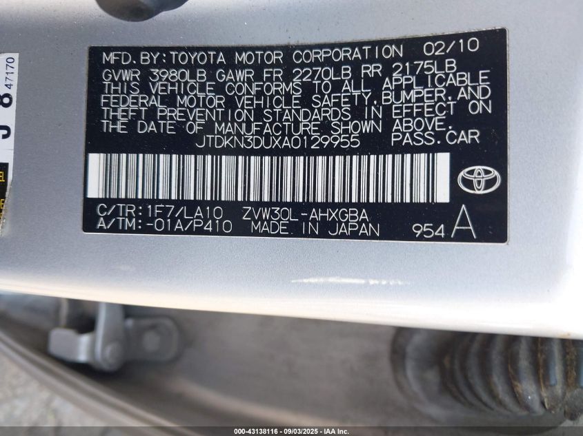 2010 Toyota Prius Iv VIN: JTDKN3DUXA0129955 Lot: 43138116