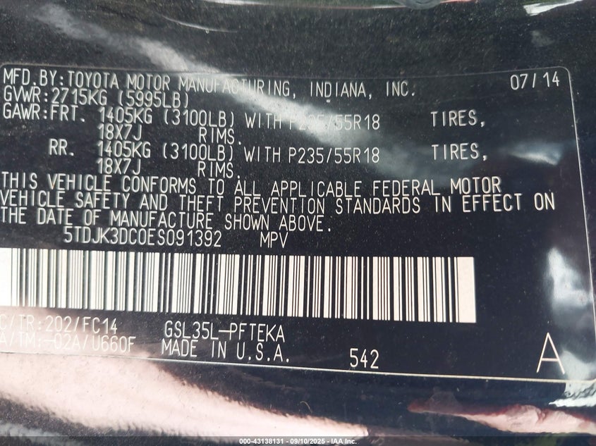 2014 Toyota Sienna Le 7 Passenger VIN: 5TDJK3DC0ES091392 Lot: 43138131