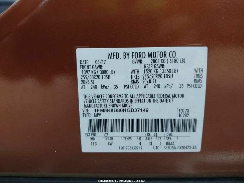 2017 Ford Explorer Xlt VIN: 1FM5K8D80HGD37149 Lot: 43138174